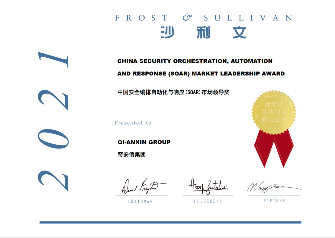 奇安信荣膺Frost&Sullivan“中国安全编排自动化与响应（SOAR）市场领导奖”